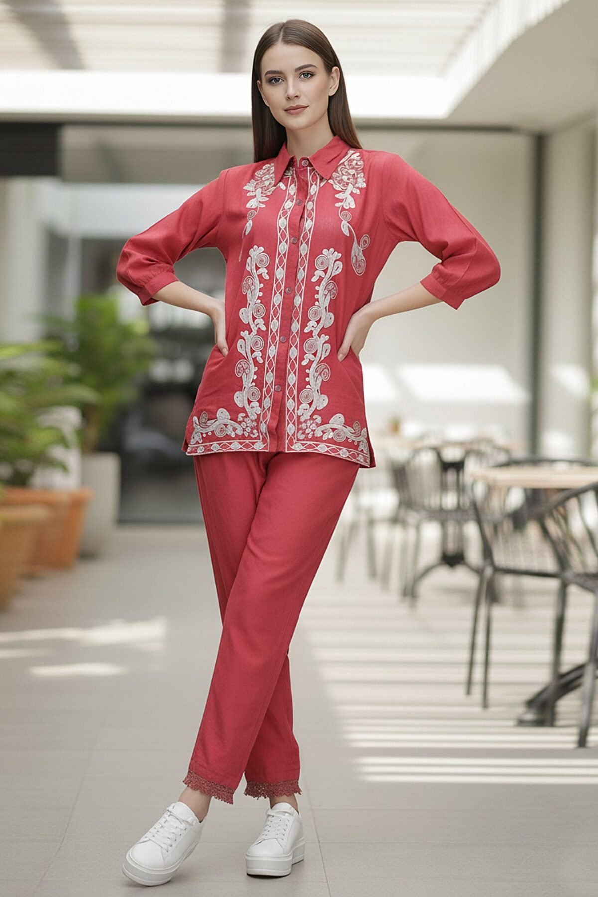 Floral Threadwork Maroon Co-ord Set