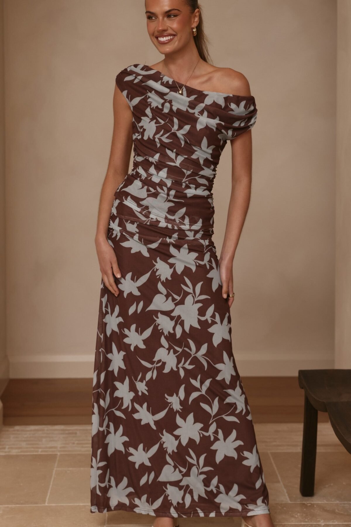 Nova Maxi Dress - Chocolate/Blue Print