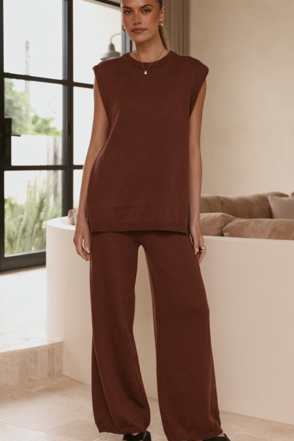 Florentine Knit Vest and Pants Set - Chocolate