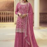 Cherry Pink Designer Embroidered Chinon Palazzo Style Suit