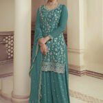 Teal Blue Designer Embroidered Chinon Palazzo Style Suit
