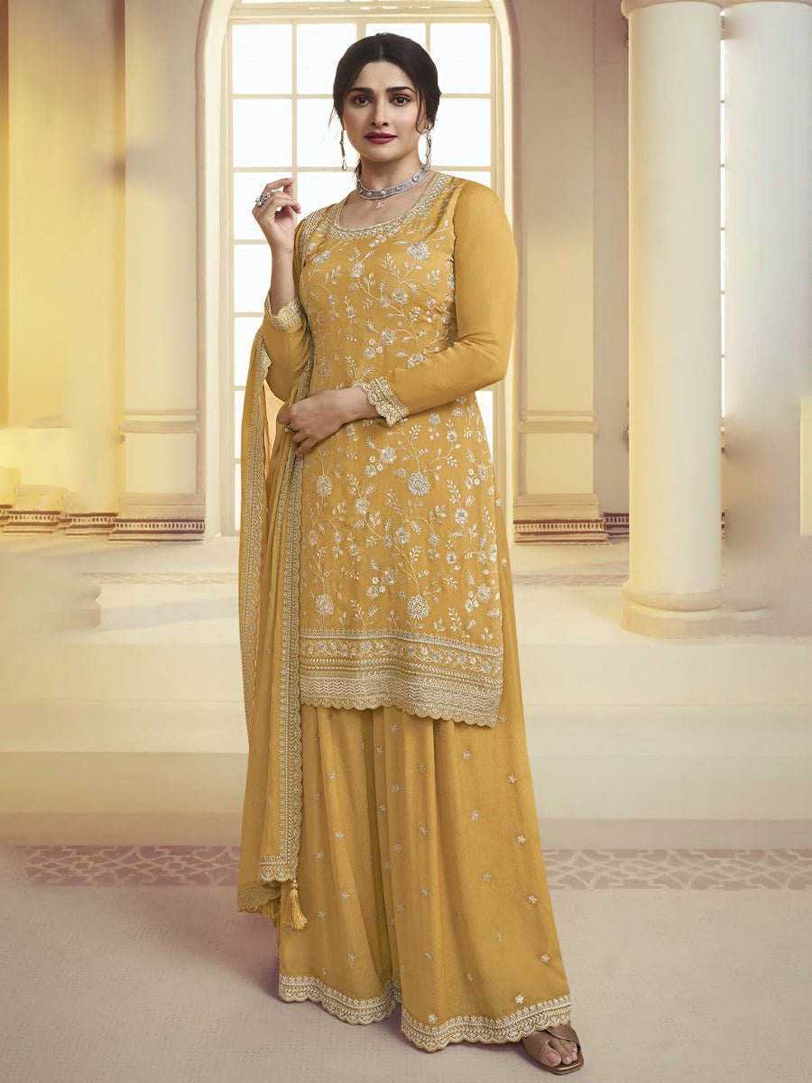 Amber Yellow Designer Embroidered Chinon Palazzo Style Suit