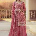 Coral Pink Designer Embroidered Chinon Palazzo Style Suit