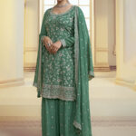 Dark Sea Green Designer Embroidered Chinon Palazzo Style Suit