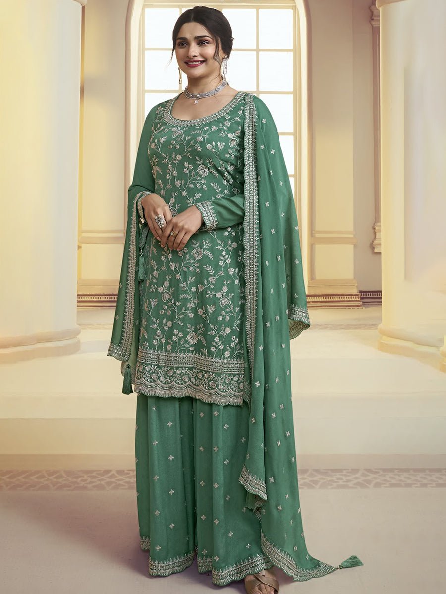 Dark Sea Green Designer Embroidered Chinon Palazzo Style Suit