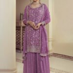 Thistle Purple Designer Embroidered Chinon Palazzo Style Suit