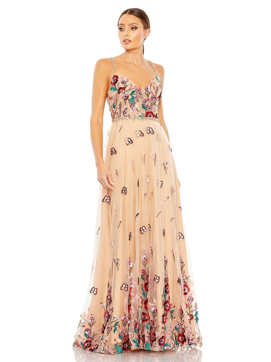Beige Embellished Floral Detail A Line Gown