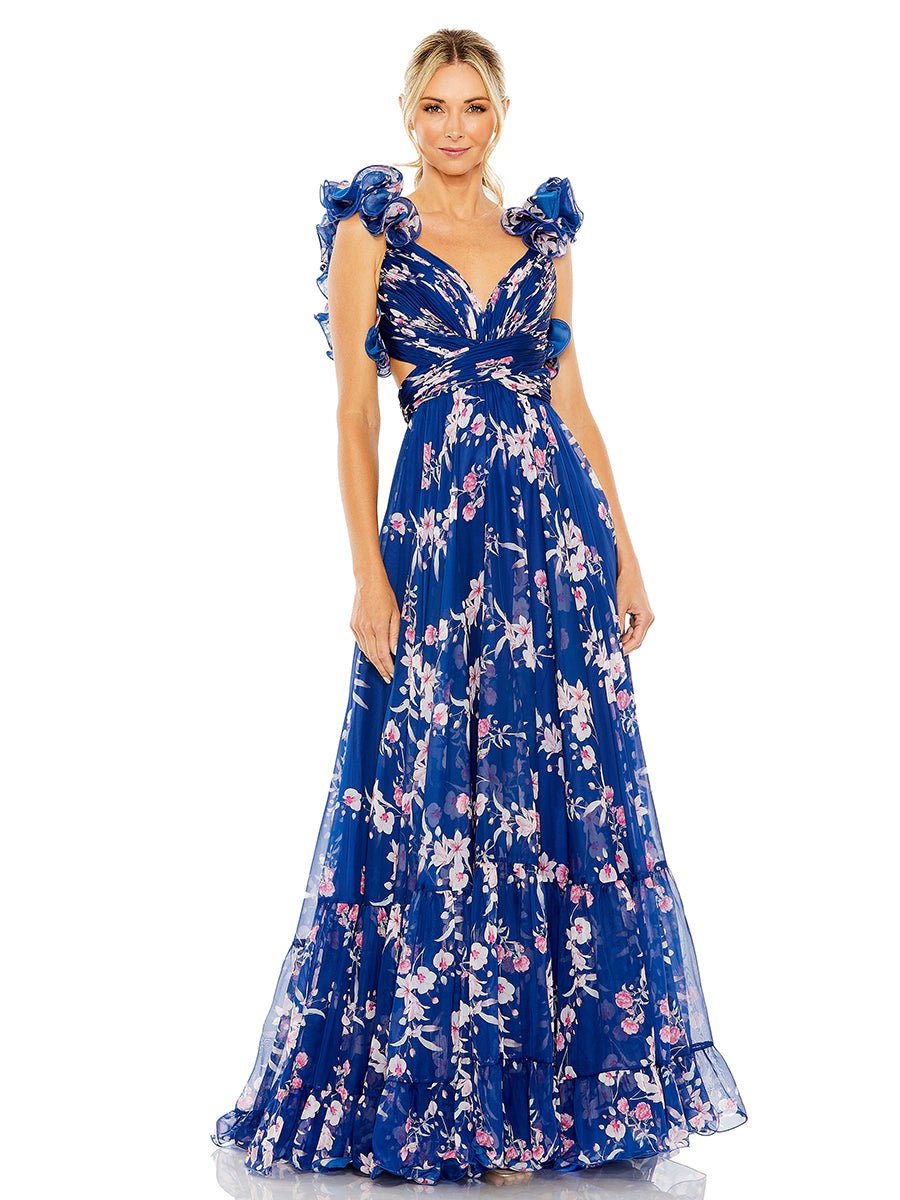 Blue Ruffle Tiered Floral Cut-Out Chiffon Gown