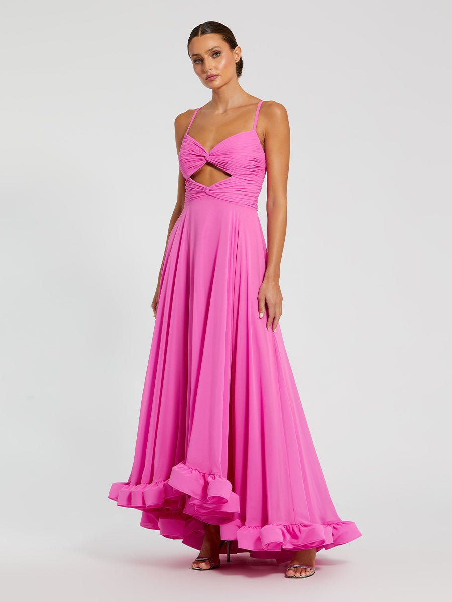 Pink Spaghetti Strap Chiffon Sweetheart High Low Gown