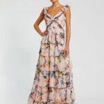 Pink Ruffle Sleeveless Chiffon Tiered Floral Print Gown
