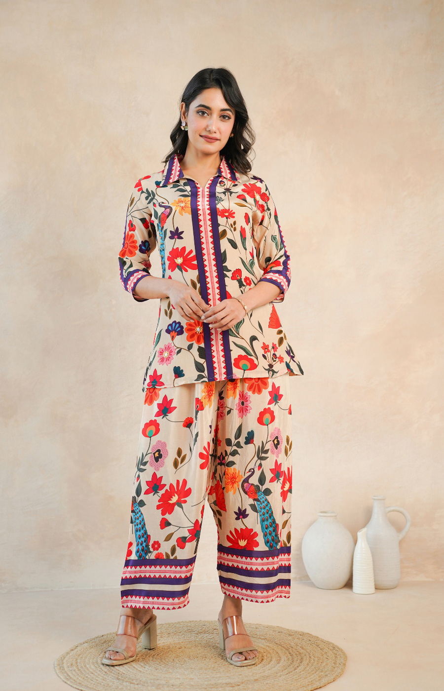 Elegant Beige Floral Shirt Style Top and Bottom Set