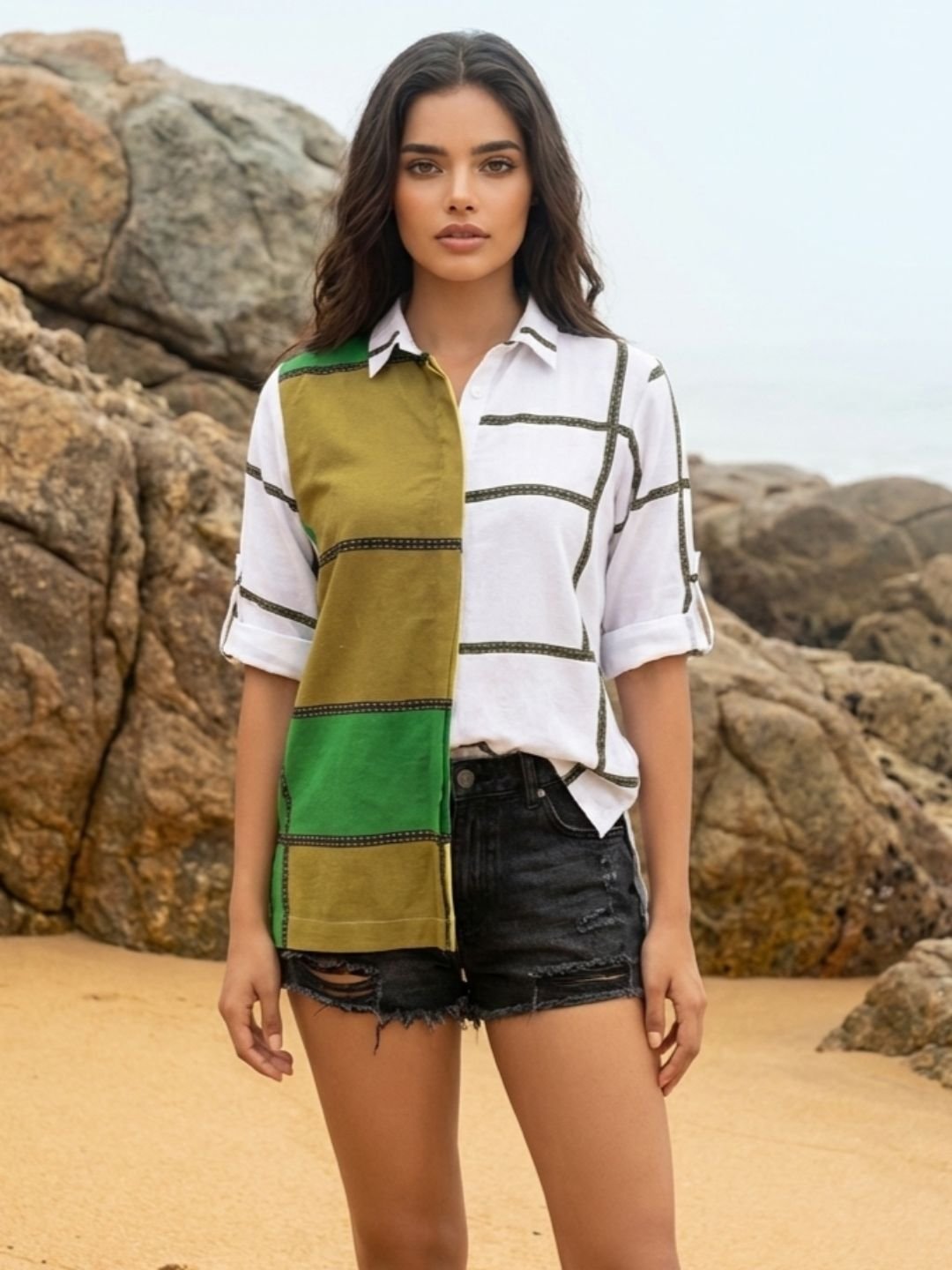 Women?s Fashion Patchwork Color Block Summer Shirt