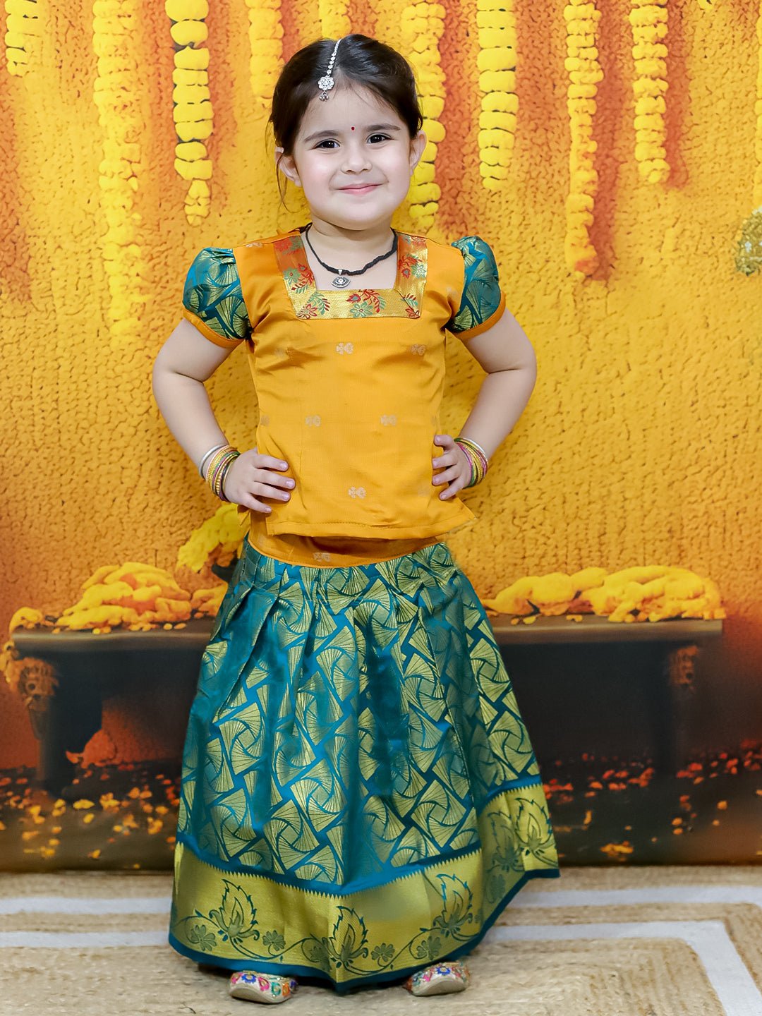 Fast Wear Half Sleeve South  Pavda Pattu Lehenga For Girls
