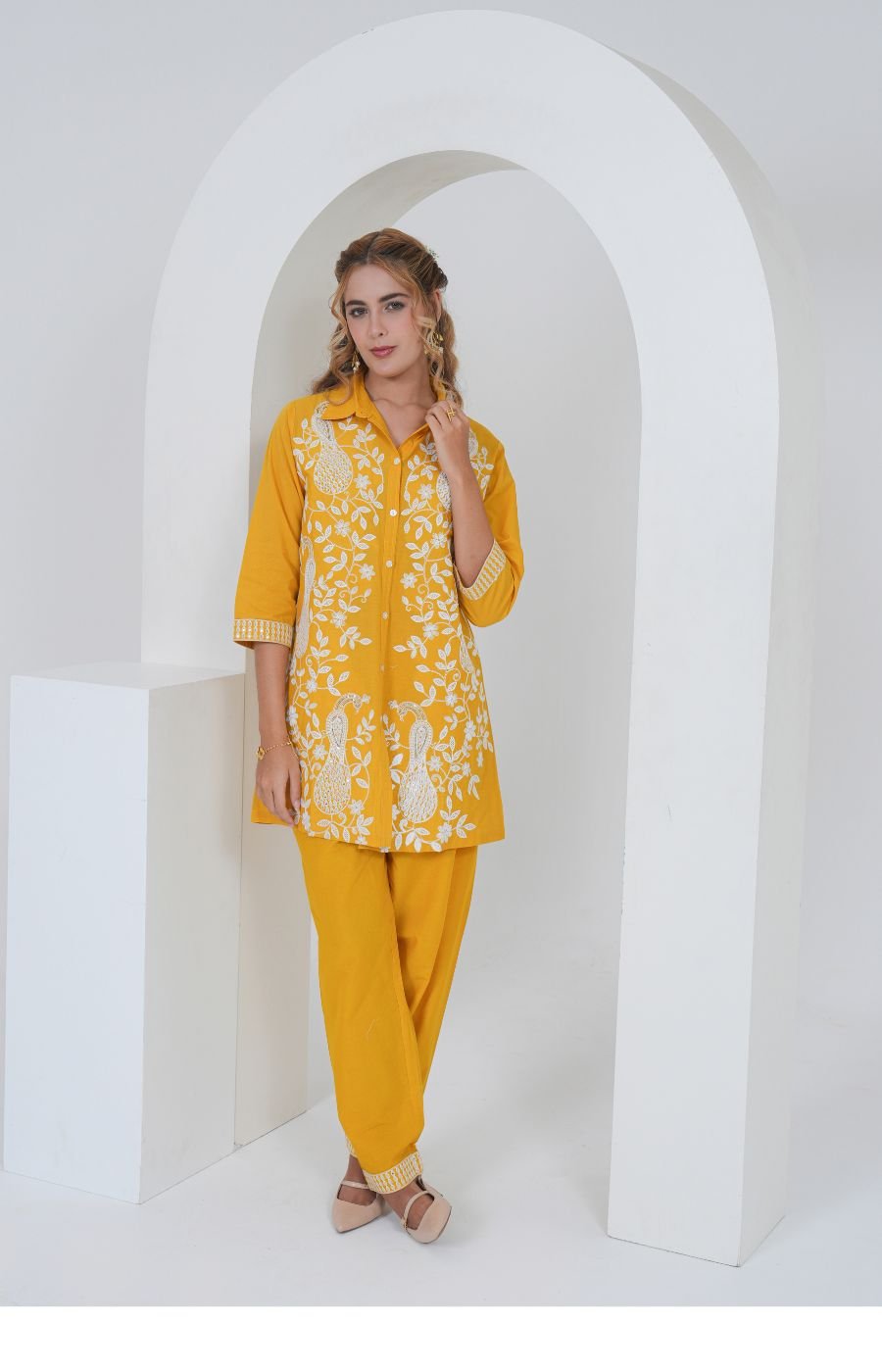Mustard Yellow Embroidered Cotton Co-ord Set