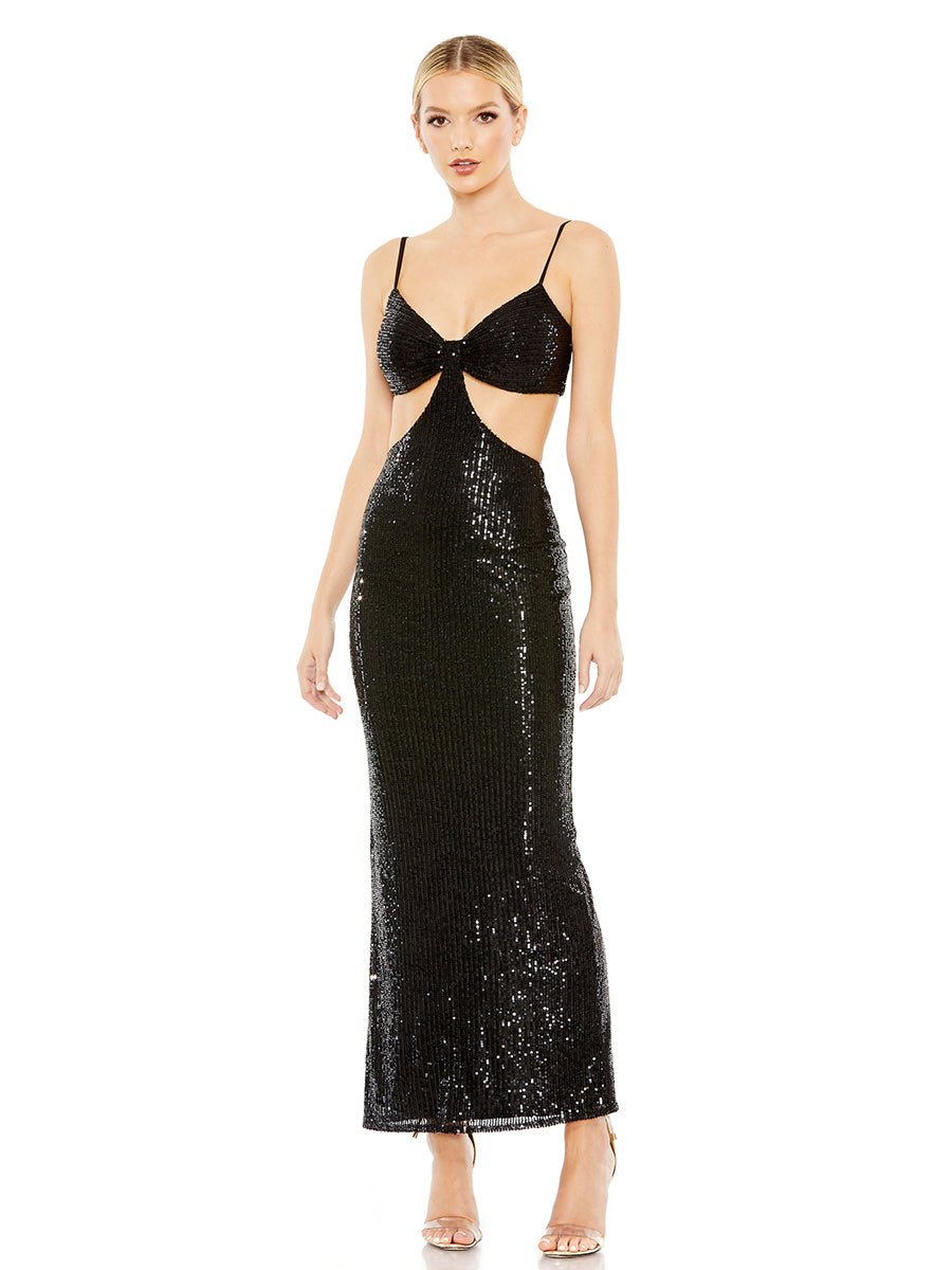 Black Sequined Spaghetti Strap Cut Out Gown