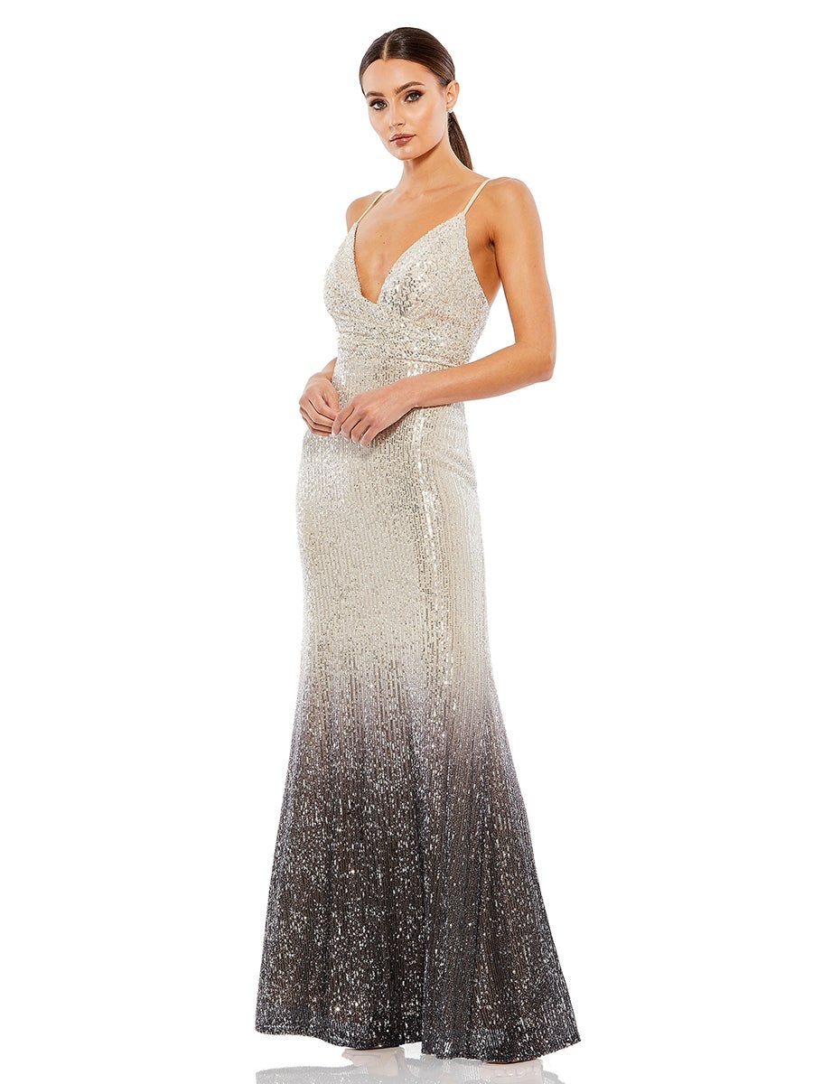 Gray Plunge Neck Ombre Sequin Gown