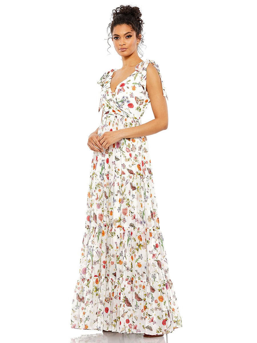 White Floral Print Sleeveless Soft Tie Shoulder Gown