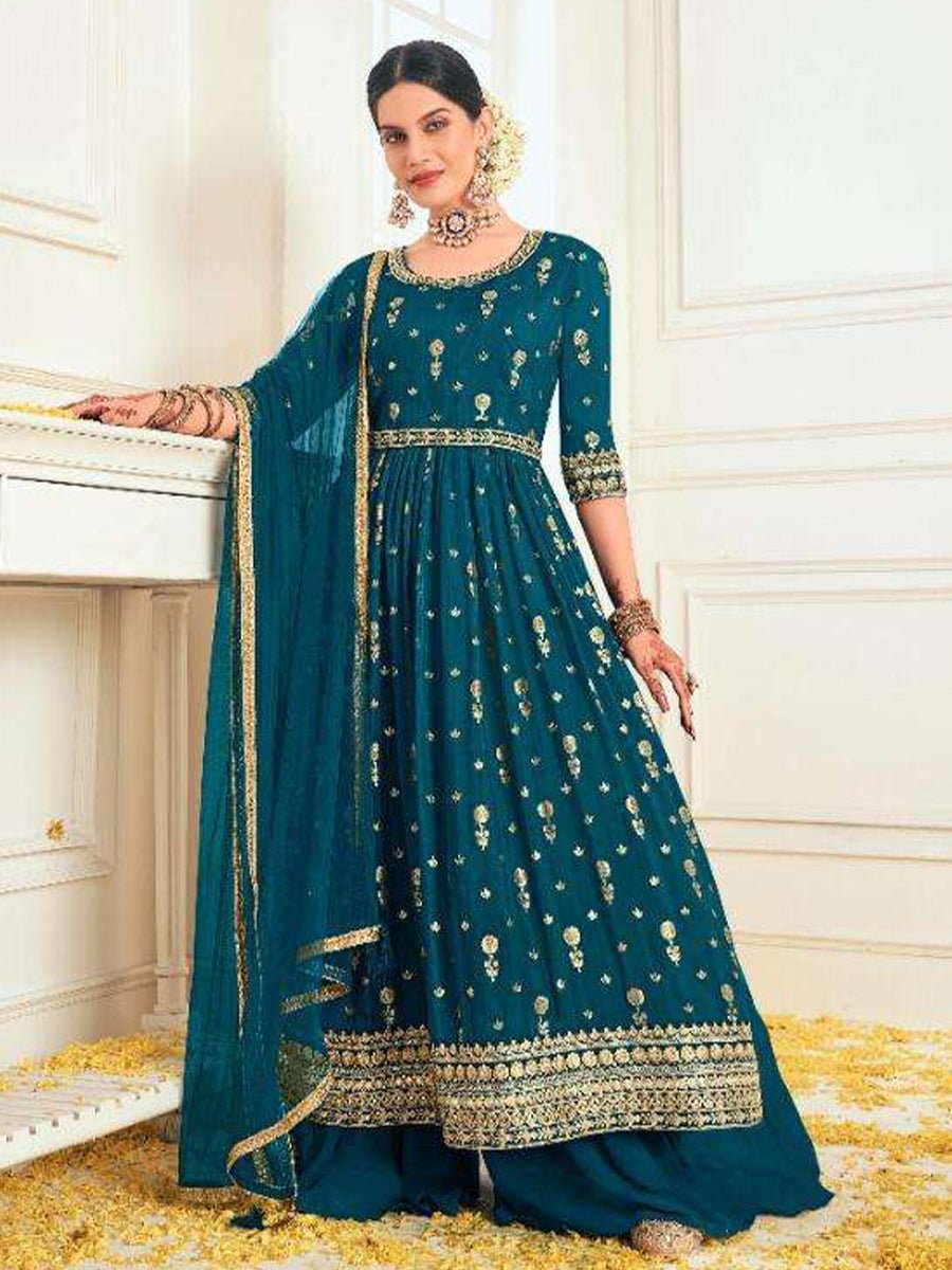 Samantha Teal Blue Designer Organza Jacquard Salwar Suit
