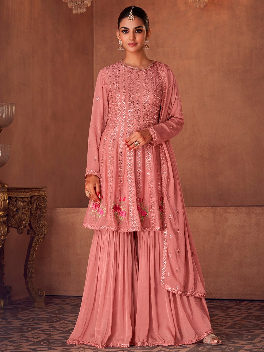 Alyssa Salmon Pink Georgette & Chinon Sharara Suit