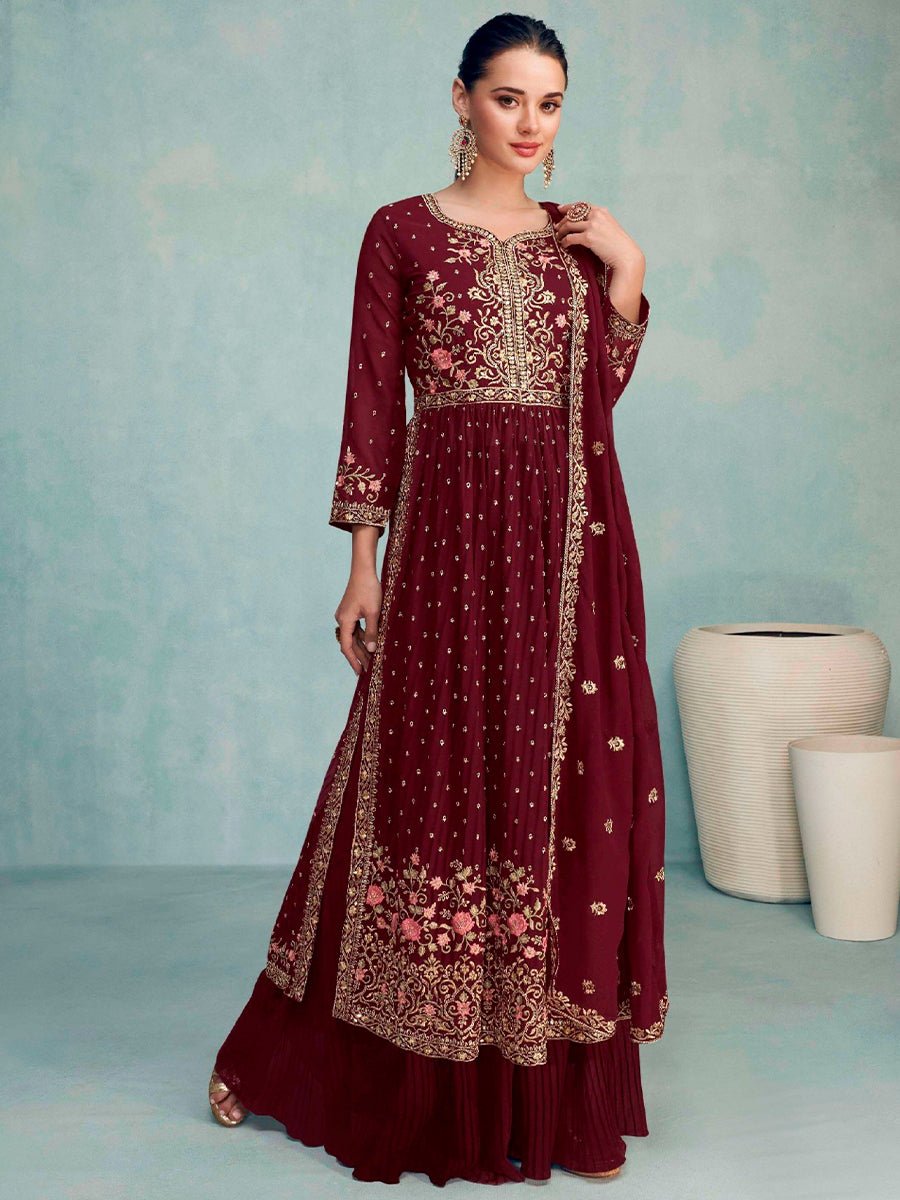 Maroon Designer Georgette Palazzo Suit