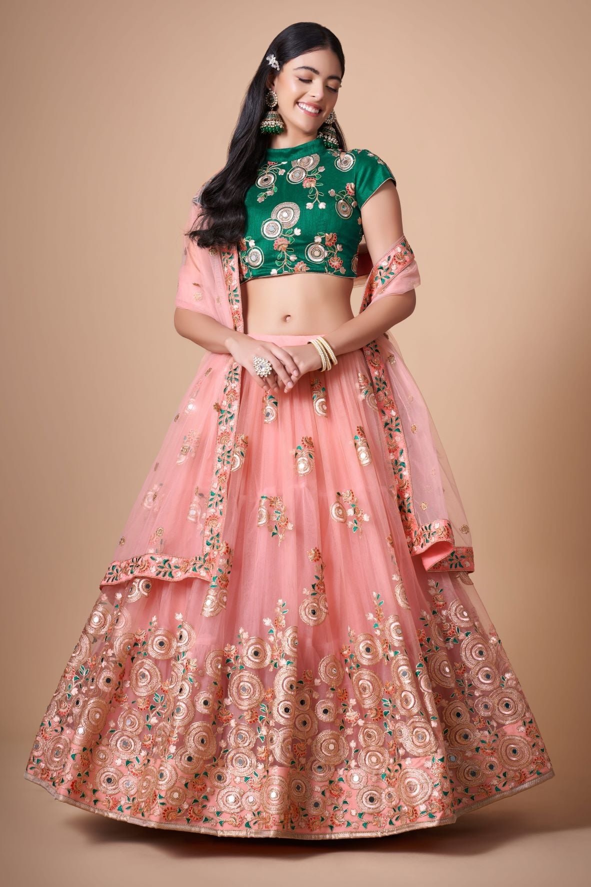 Designer Pink And Green   Color Lehenga Choli With Zari And Sequence ,Thread Embroidery Work Wedding Party Wear Lehenga Choli With Dupatta