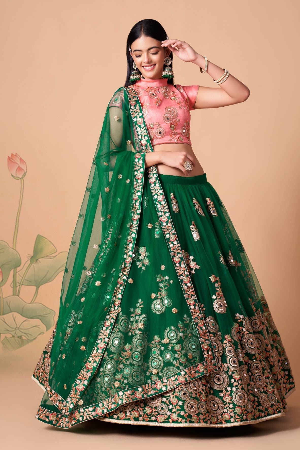 Designer  Green   And Pink Color Lehenga Choli With Zari And Sequence ,Thread Embroidery Work Wedding Party Wear Lehenga Choli With Dupatta