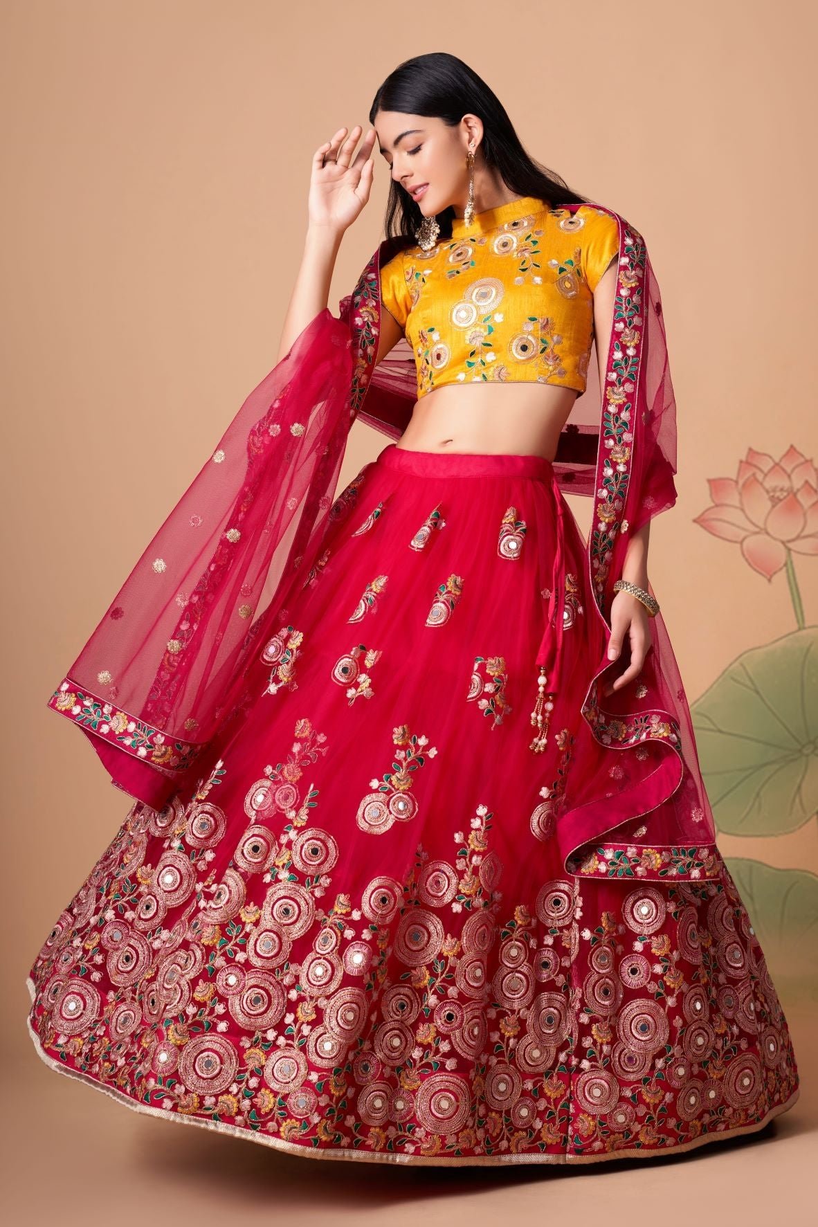 Designer Yellow And Red  Color Lehenga Choli With Zari And Sequence ,Thread Embroidery Work Wedding Party Wear Lehenga Choli With Dupatta