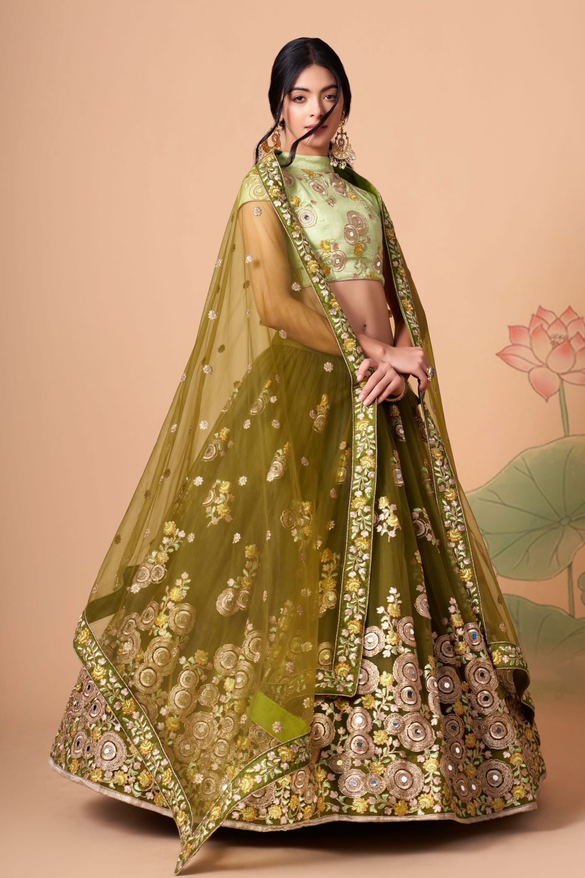 Designer Mehendi   Color Lehenga Choli With Zari And Sequence ,Thread Embroidery Work Wedding Party Wear Lehenga Choli With Dupatta