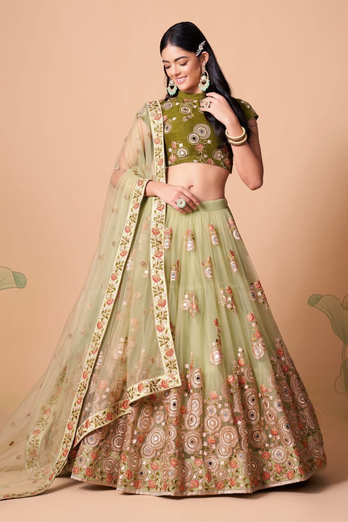 Designer Mehendi   Color Lehenga Choli With Zari And Sequence ,Thread Embroidery Work Wedding Party Wear Lehenga Choli With Dupatta