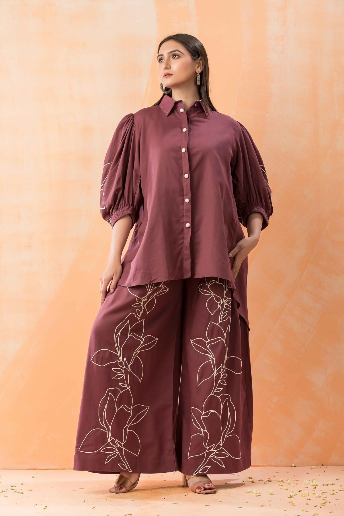 Maroon Shirt Pattern Embroidery Co-Ord Set