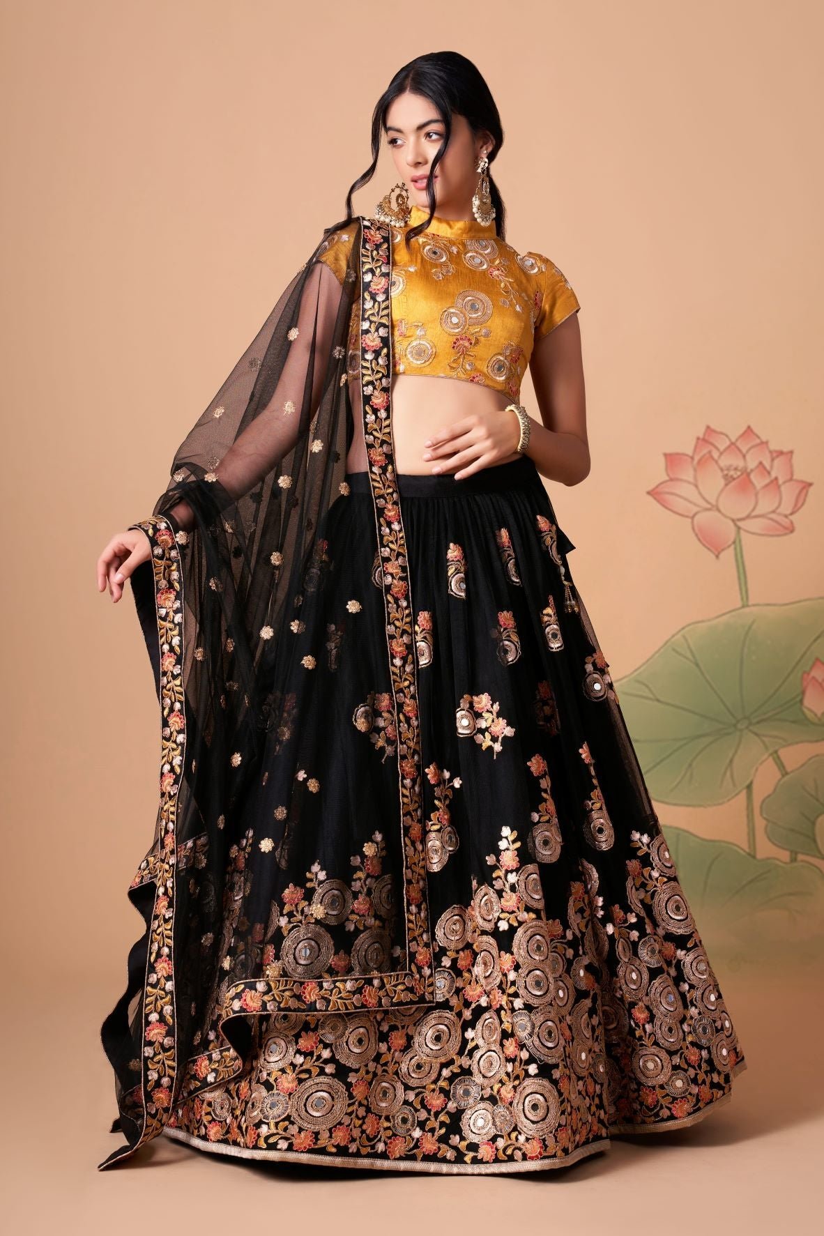Designer  Black And Yellow Color Lehenga Choli With Zari And Sequence ,Thread Embroidery Work Wedding Party Wear Lehenga Choli With Dupatta