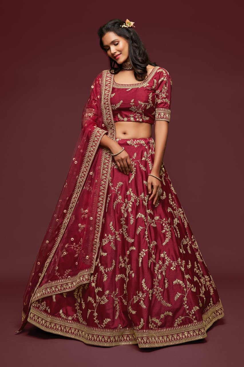Wedding Wear Marron Art Silk Zari, Sequins And Dori Work Lehenga Choli For Women
