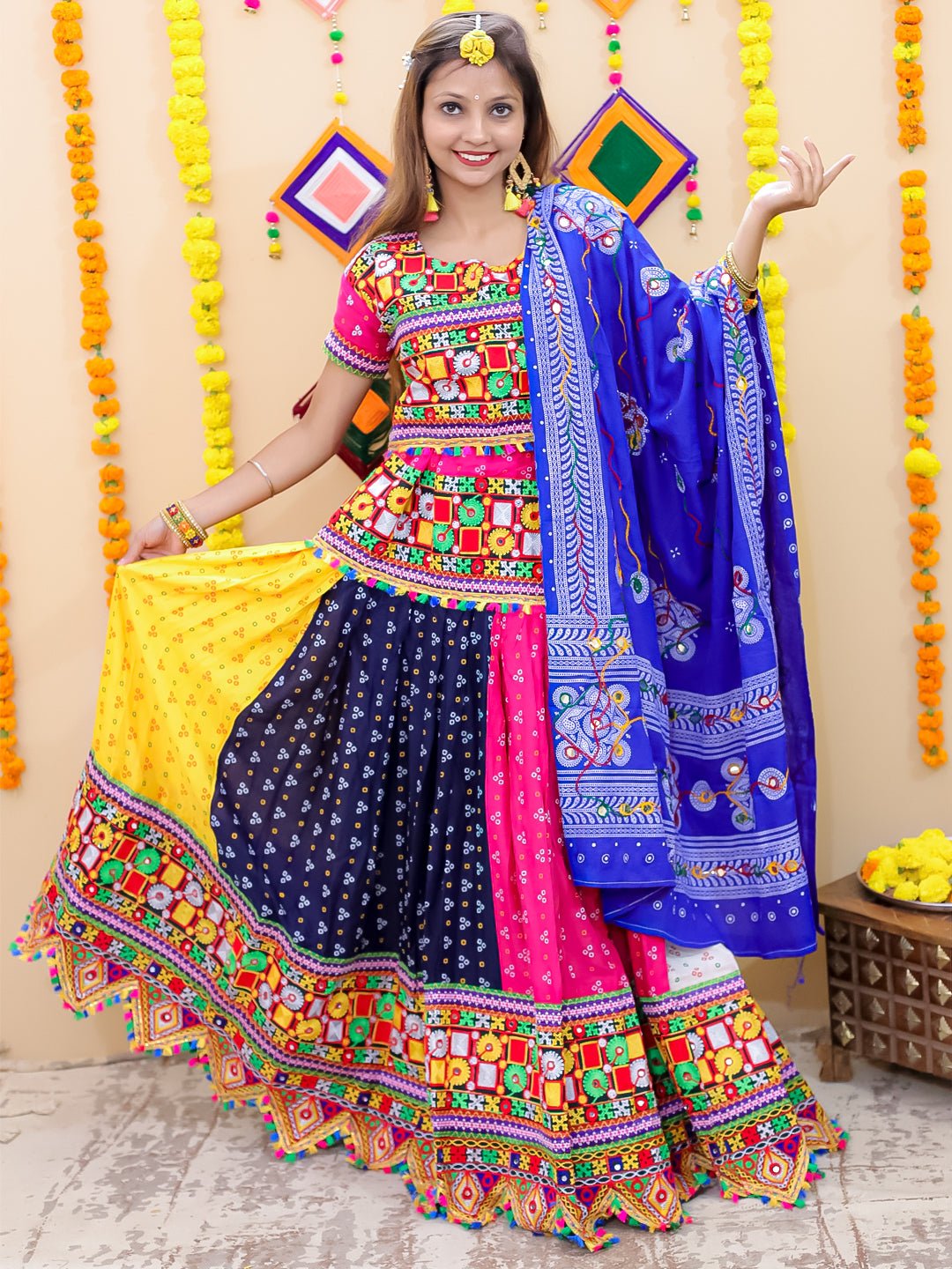 Fast Wear Embroidered Printed Cotton Chaniya Choli Dupatta  Set For Girls
