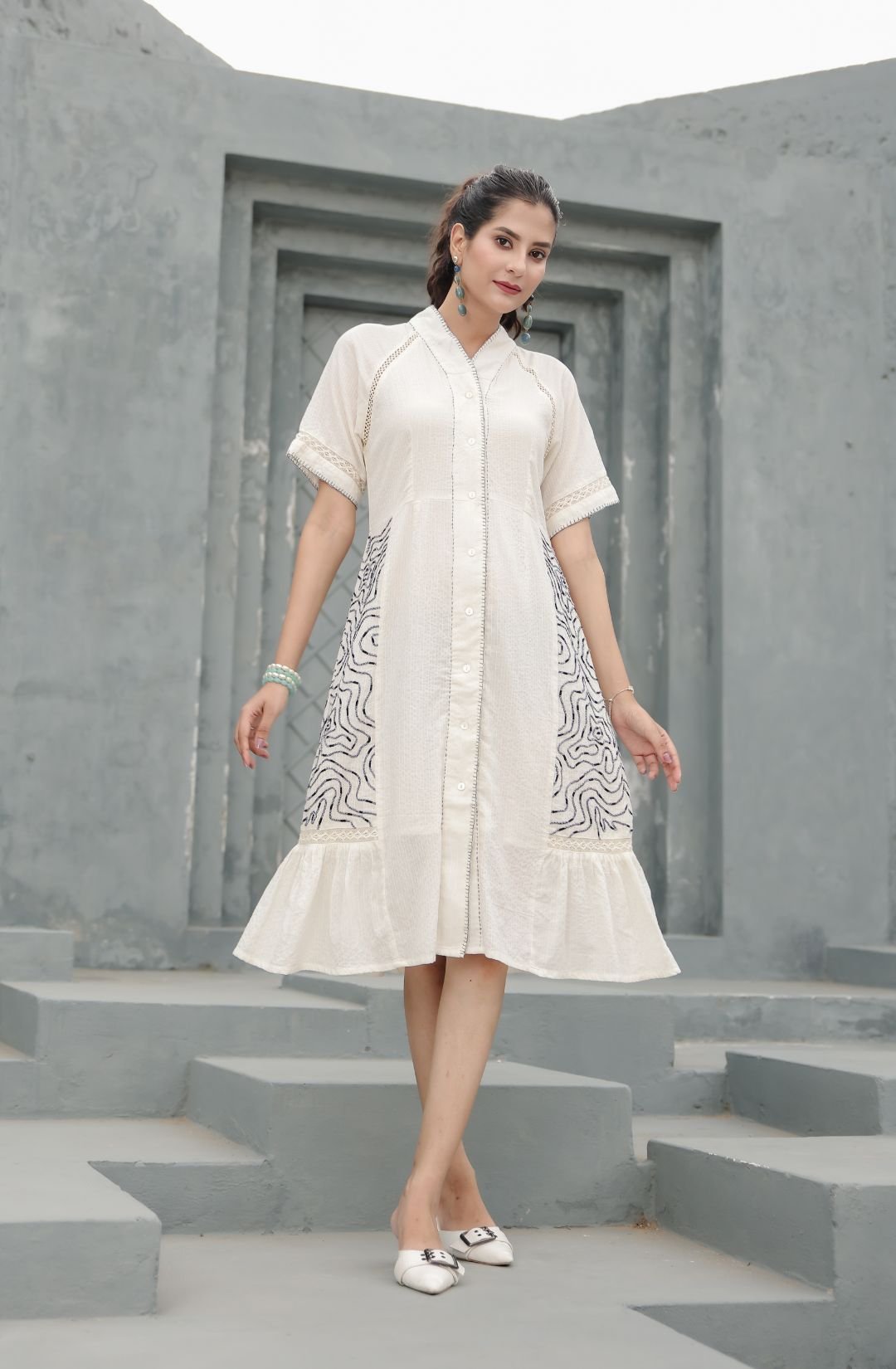 Cotton Linen Off-white Midi Dress