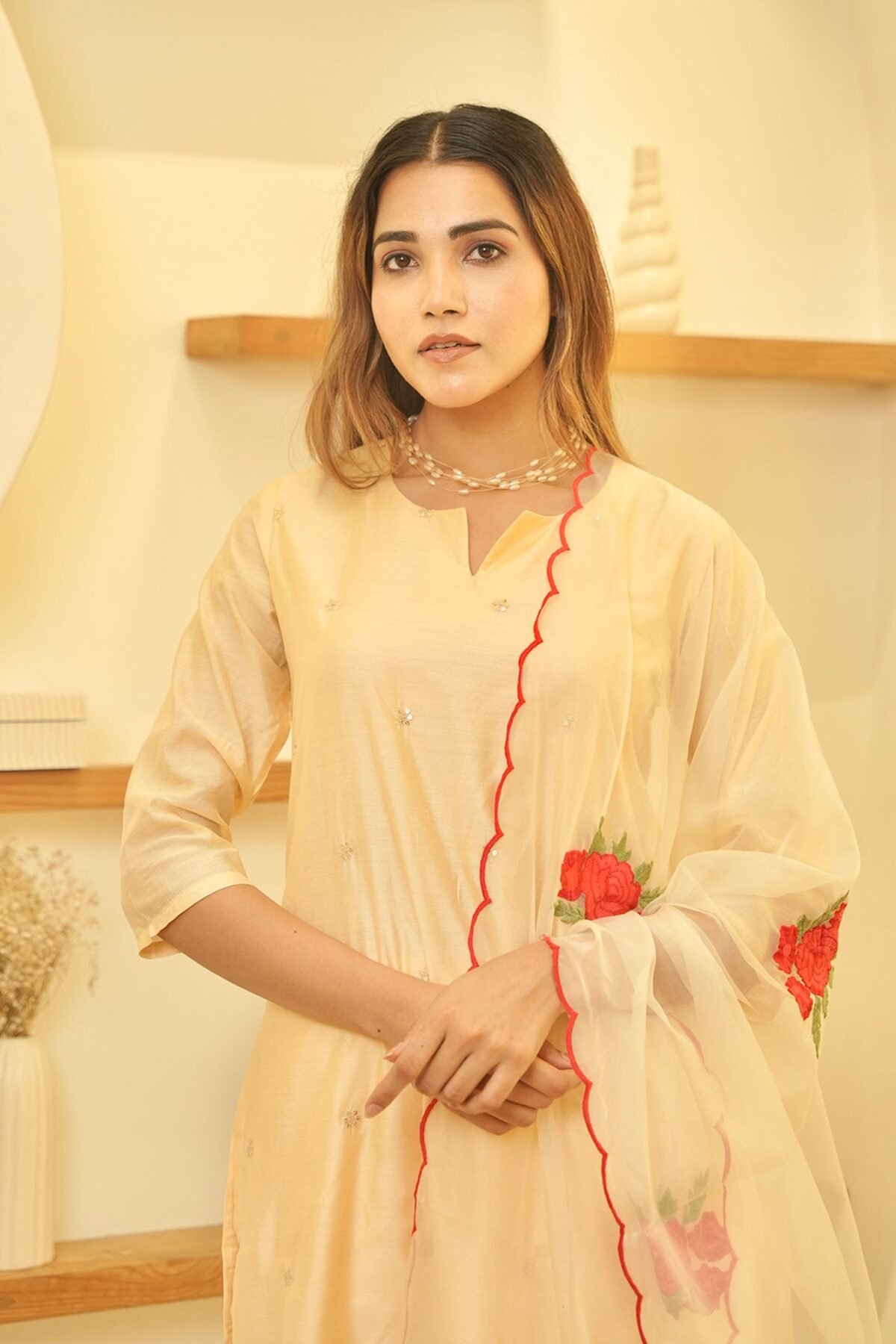 Butter Cream Chanderi Suit Set With Embroidered Dupatta