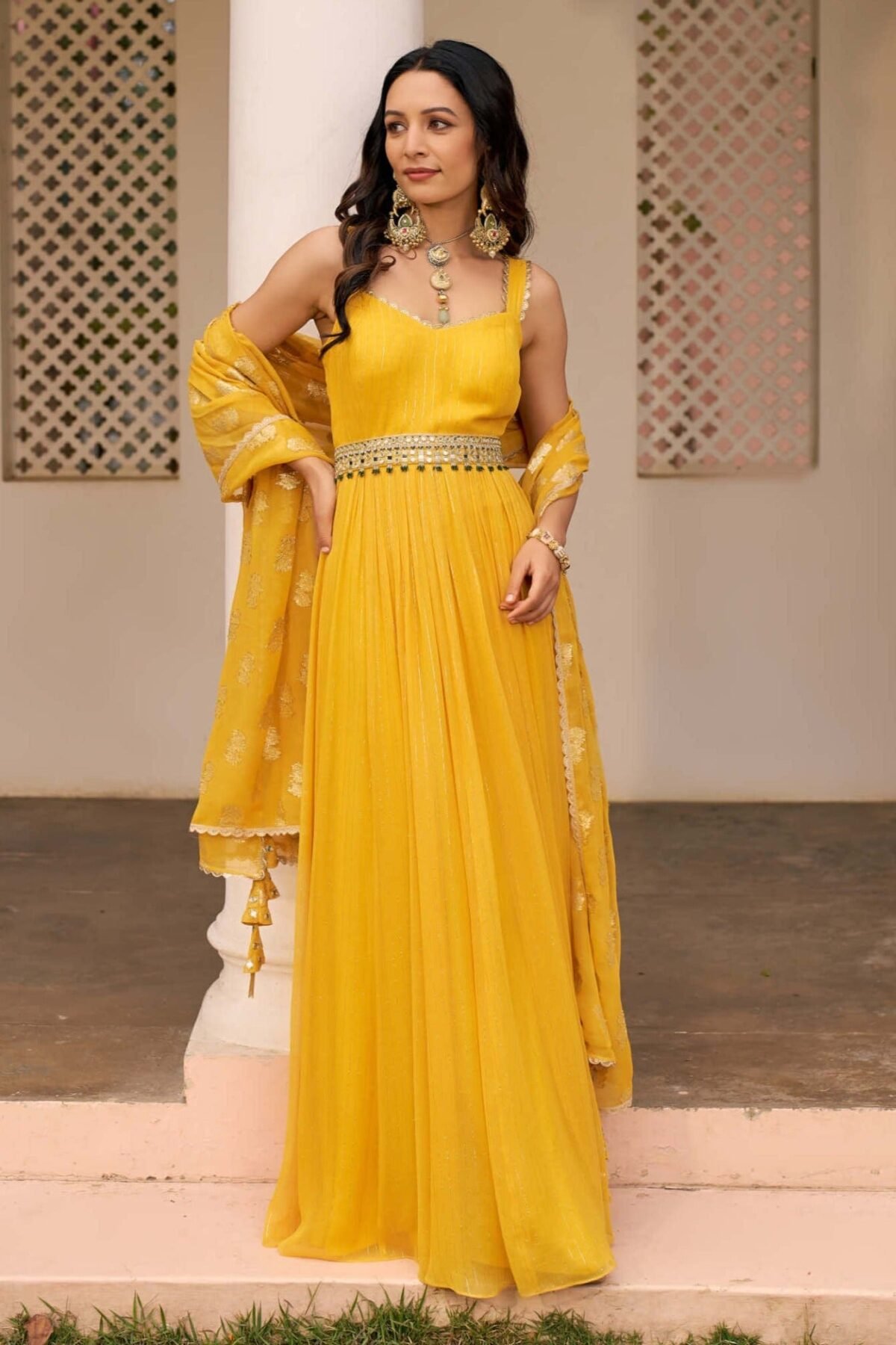 Yellow lurex anarkali and dupatta