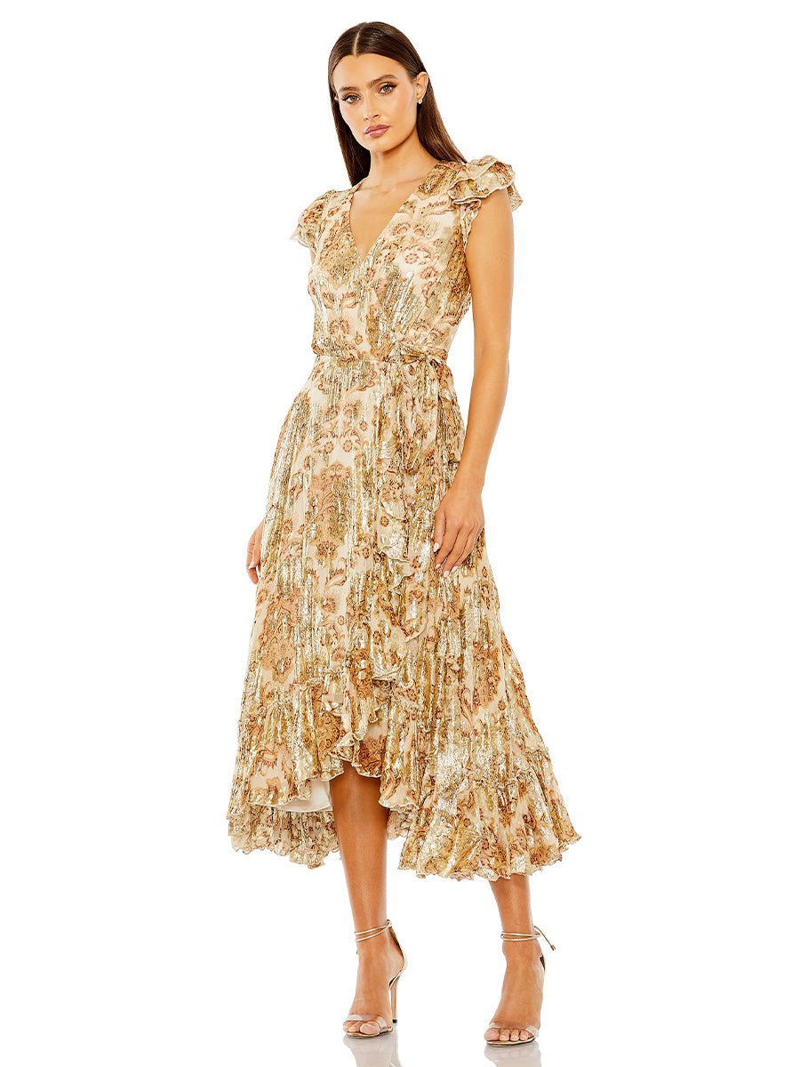 Beige Flutter Sleeve Floral Dress with Wrap Detail