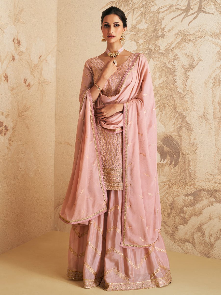 Salmon Pink Designer Georgette & Chinnon Palazzo Suit