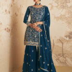 Navy Blue Designer Georgette & Chinnon Palazzo Suit