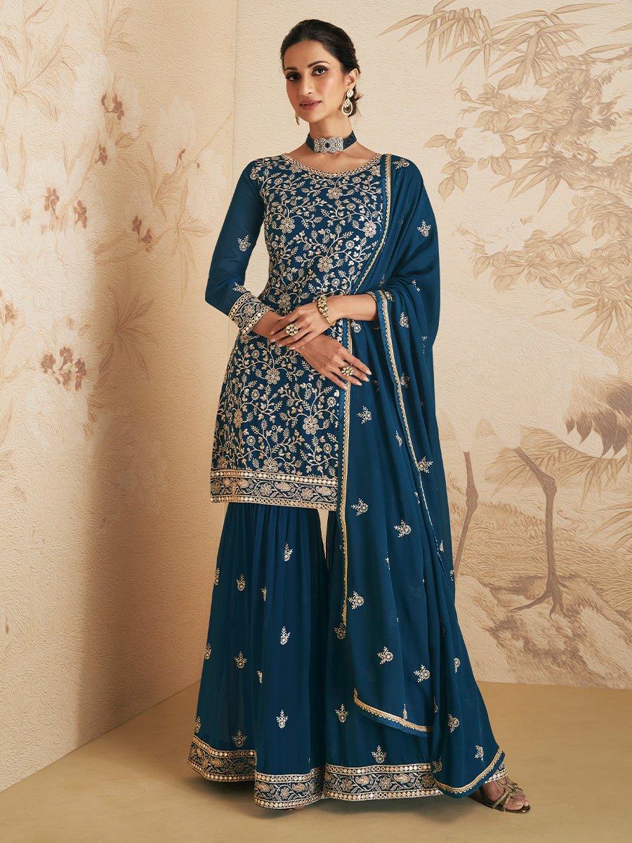 Navy Blue Designer Georgette & Chinnon Palazzo Suit