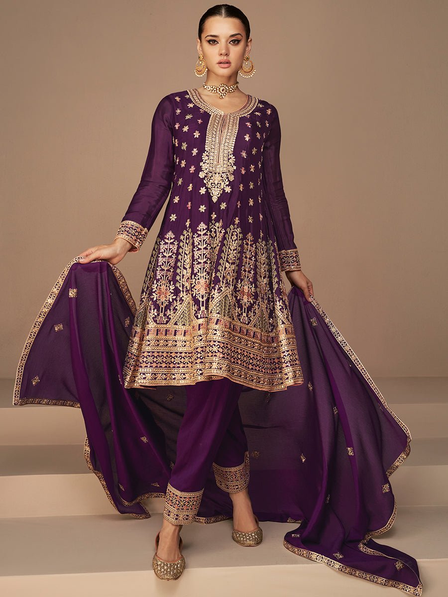 Samantha Purple Designer Chinnon Silk Salwar Suit