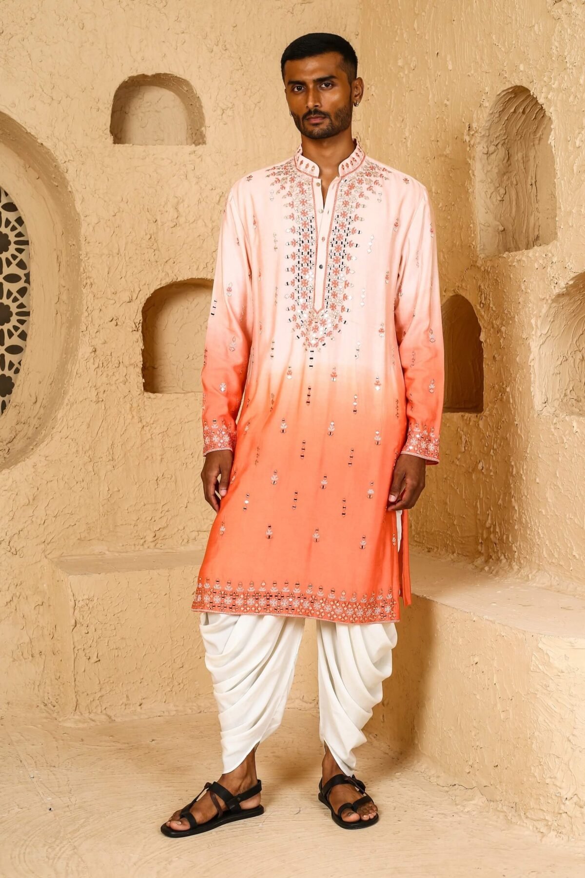 Pink peach mirror work ombre kurta with pant