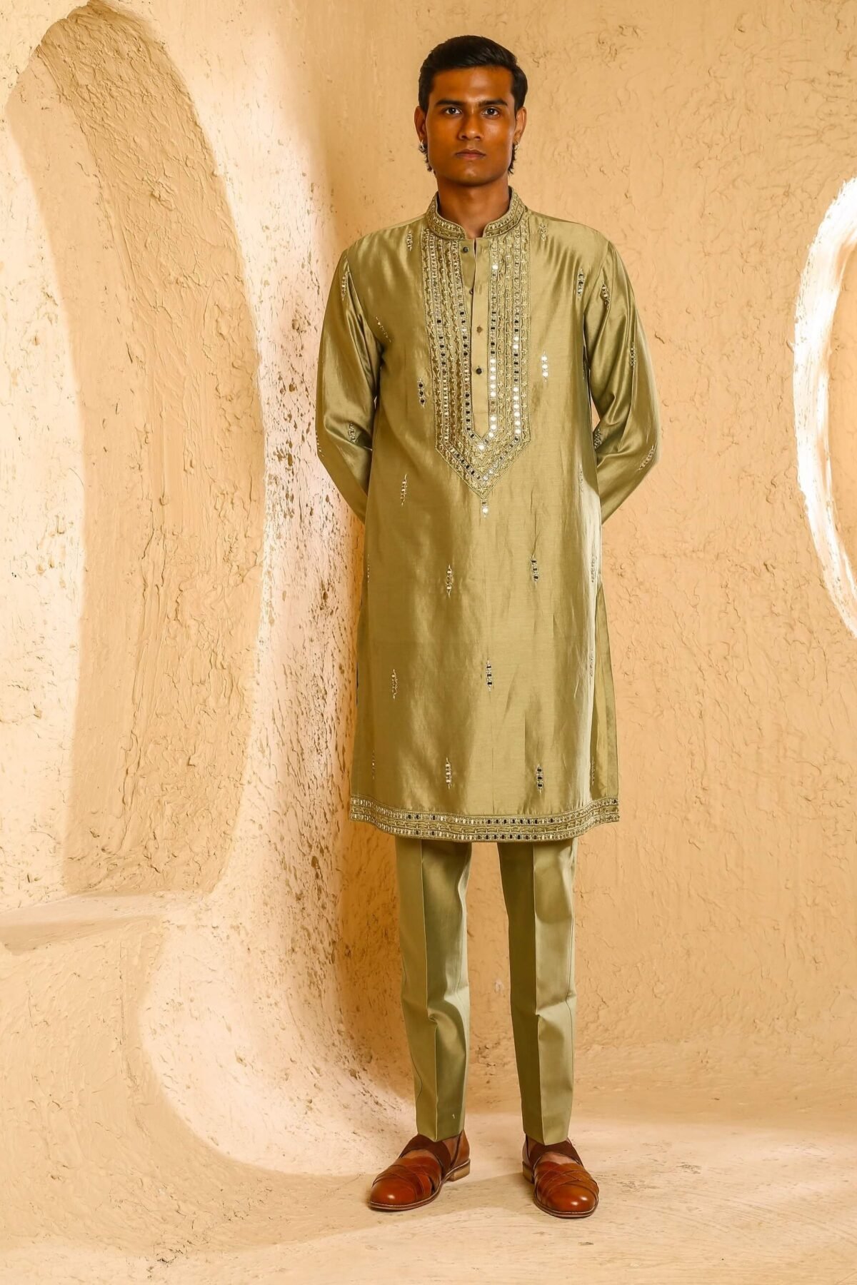 Dark beige mirror work kurta with pant