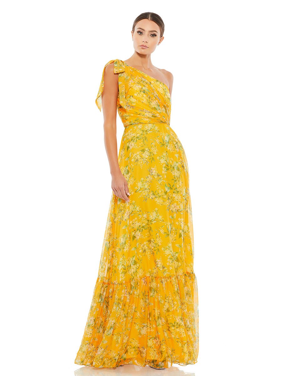 Yellow Floral One Shoulder Bow Maxi Dress