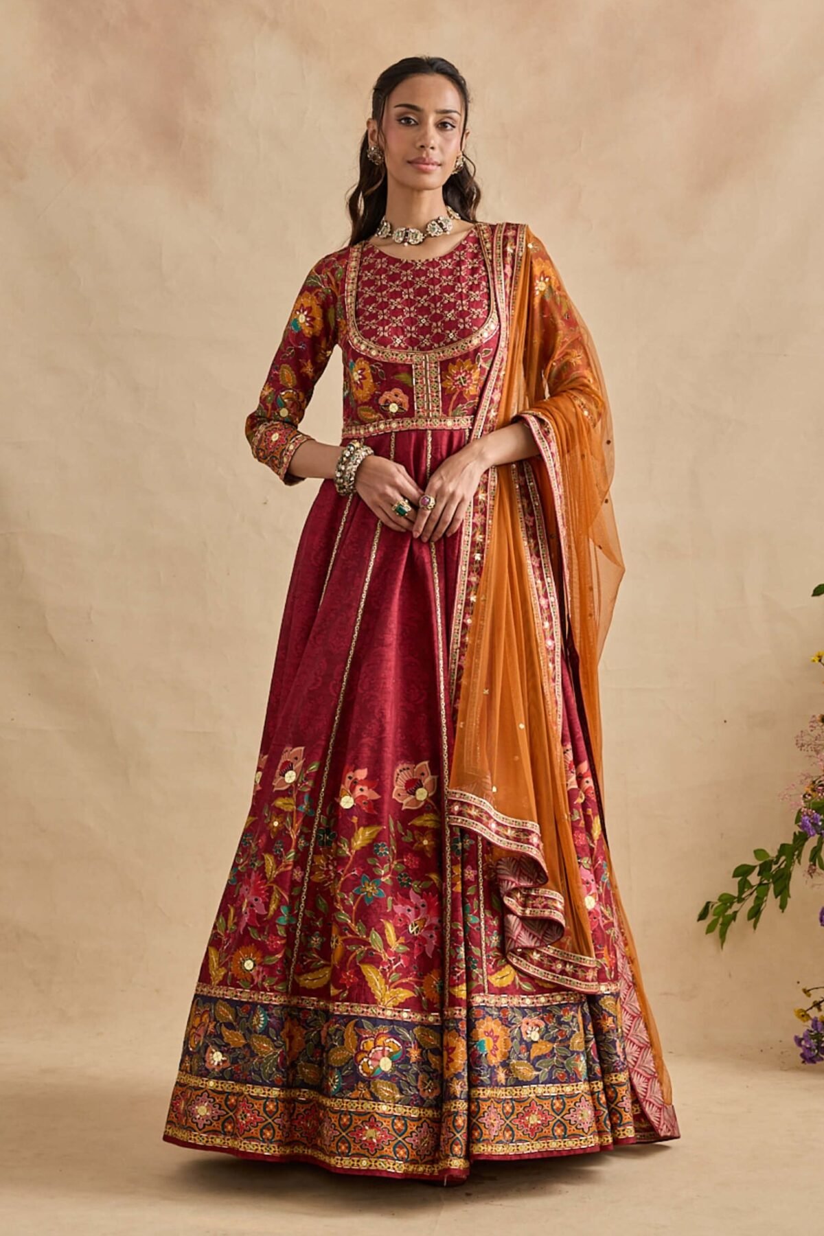 Elaya crimson red anarkali and dupatta