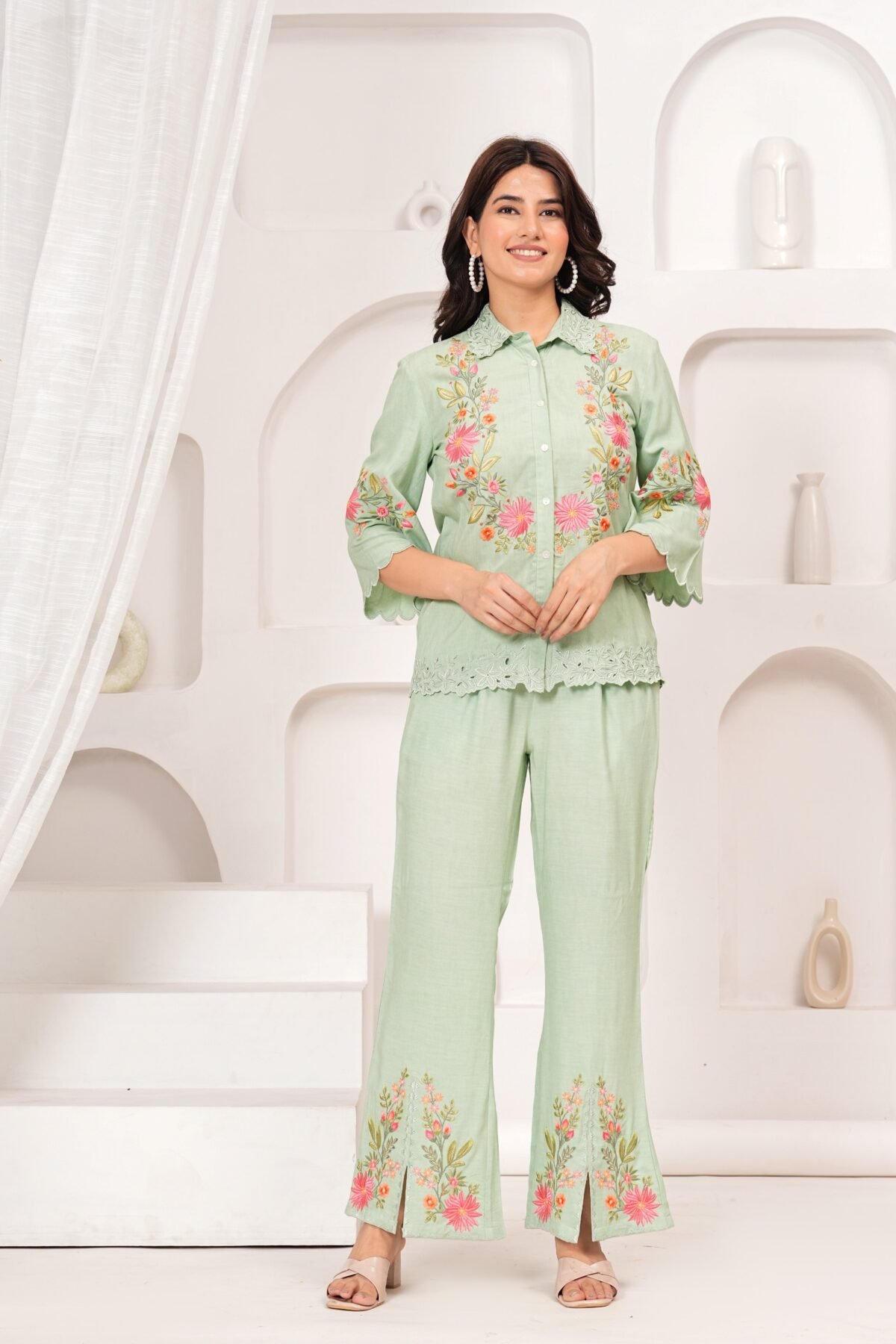 Rayon Olive Green Embroidered Co-Ord Set