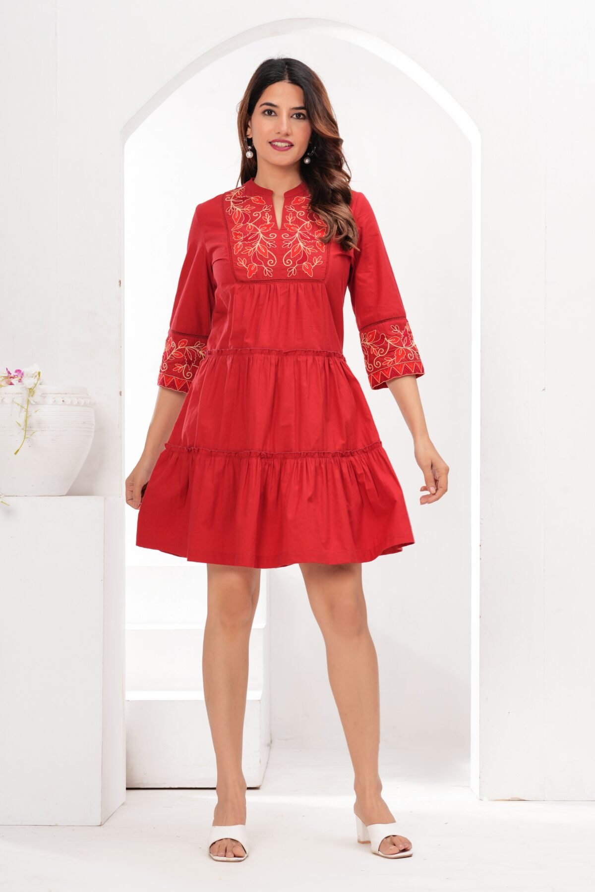 Red Cotton Embroidered Midi Dress with Closed Neck & 3/4th Sleeves