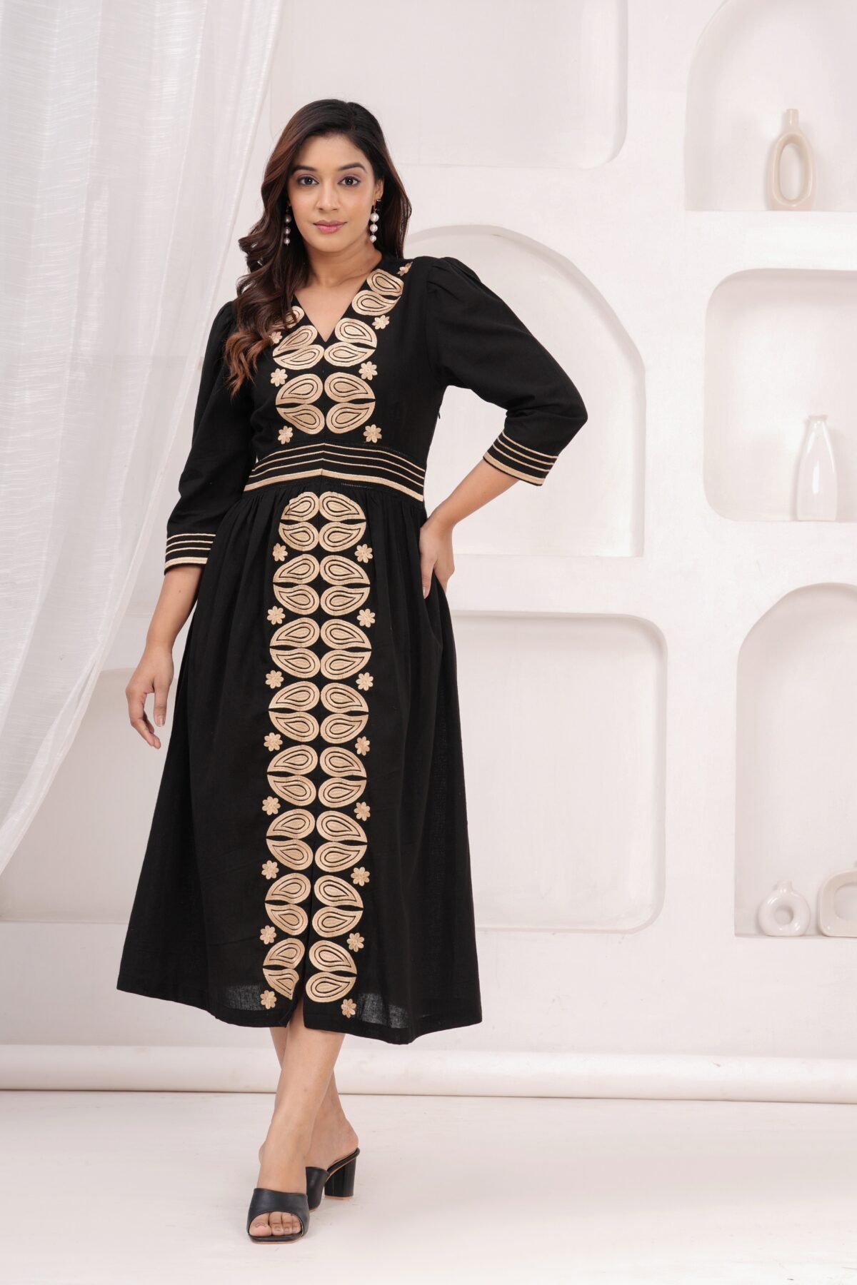 Cotton Black Embroidered Black Dress