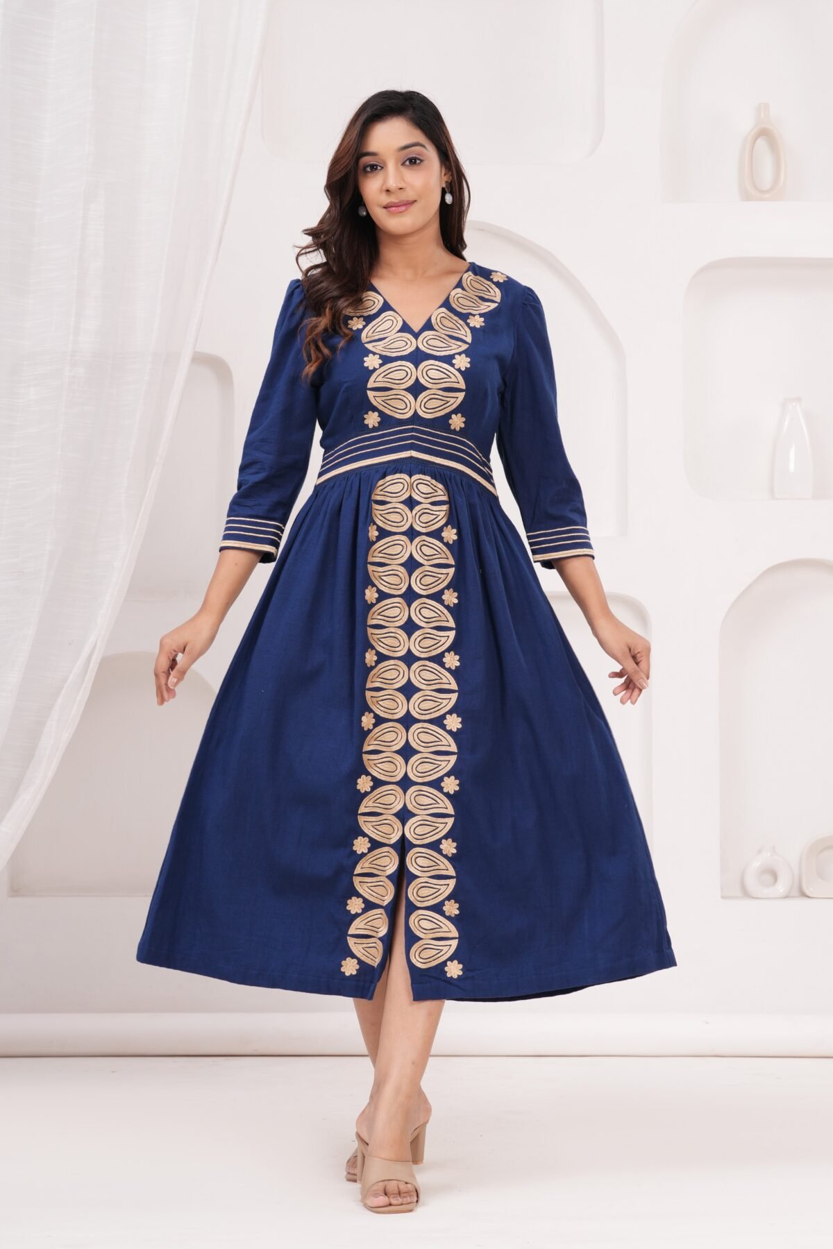 Cotton Navy Embroidered Midi Dress
