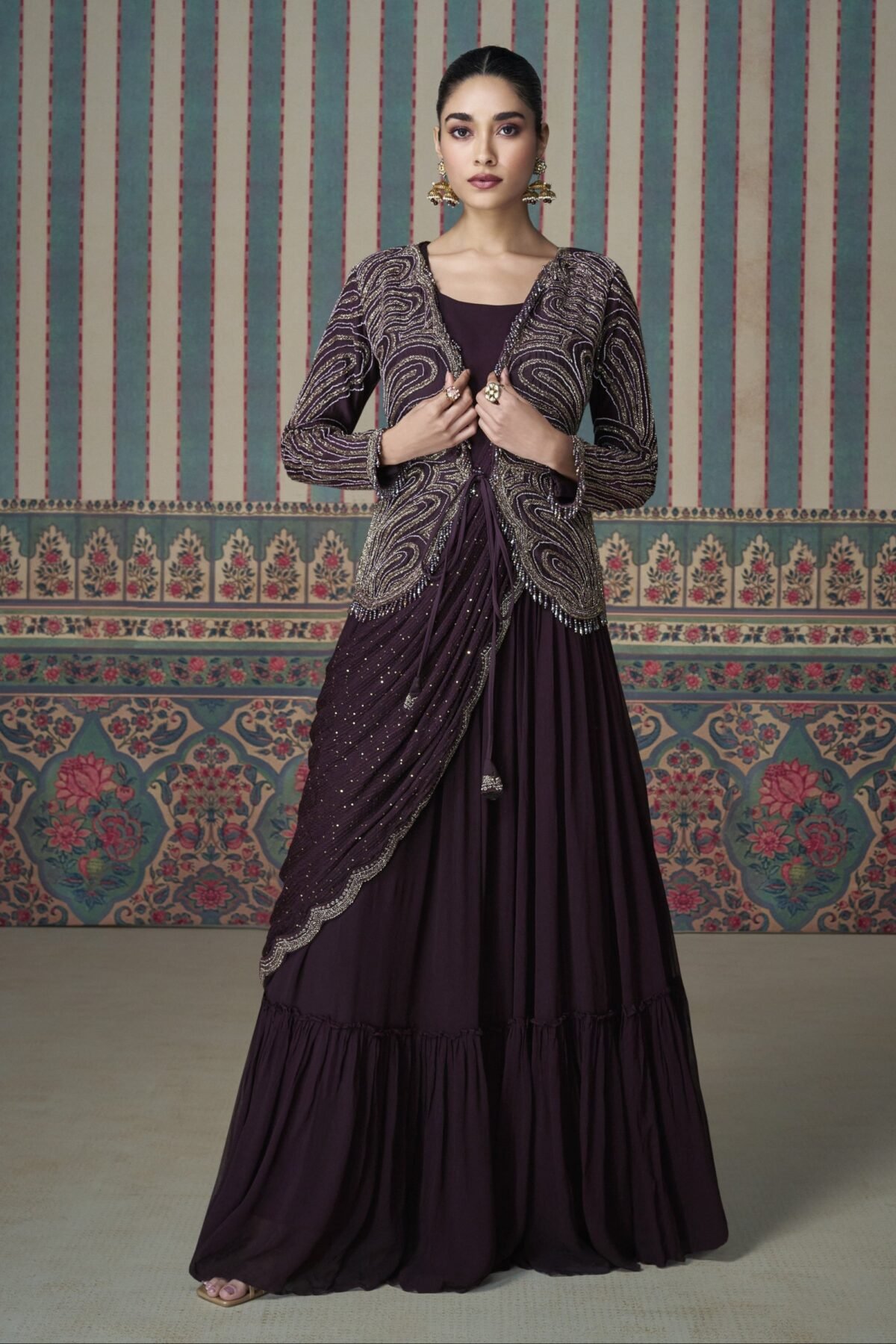 Wedding Reception Party Wear Wine Anarkali Suit